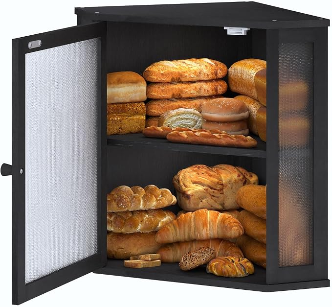 Corner Bread Box for Kitchen Countertop,Bread Storage for Homemade Bread, Double Layer Large Bamboo Kitchen Storage Bin with Window (Black, Large)