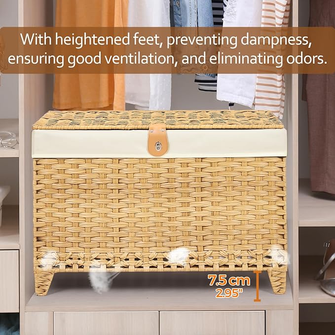 Honjourai Wicker Storage Basket with Lid,Rattan Shelf Basket with Removable Liner Bag,160L Storage Bin,Storage Trunk with Heightened Feet,Storage Container for Wardrobe,Home Organizer