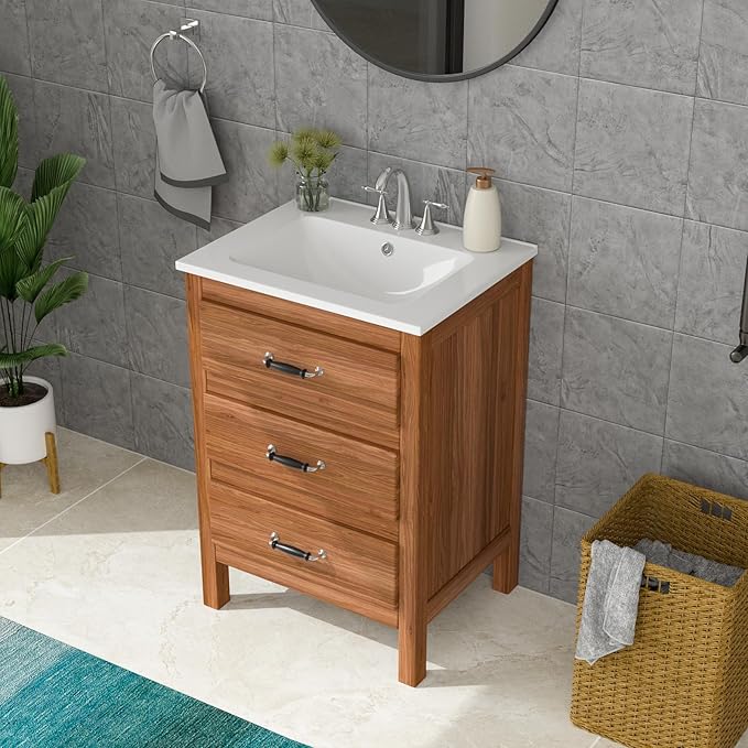 Lordear White Bathroom Sink 3 Holes Drop In 24 X 20 Inch Three Holes Porcelain Ceramic Bathroom Vanity Top Sink Basin 24"