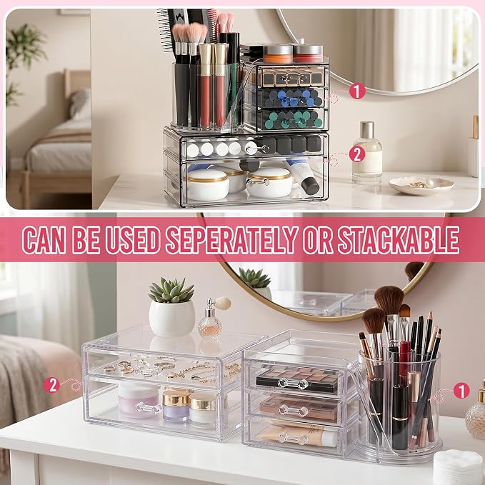 ShineMe Acrylic Makeup Organizers, 2 Tier Stackable Cosmetic Organizer for Vanity with 360° Rotating Makeup Brush Holder & 5 Drawers, Clear Hair Accessory Organizer Countertop for Dresser, Bathroom