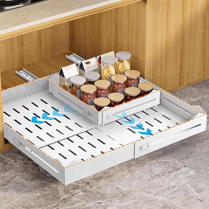 Pull Out Drawers for Cabinets, Expandable Pull Out Cabinet Organizer 11-18" Width,13-24" Depth, Roll out Shelves for Cabinets Without Lip, No Drill Adjustable Slide out Drawers for Kitchen & Pantry