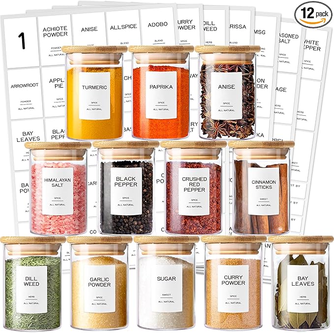 12 Pcs Glass Spice Jars with Bamboo Airtight Lids & 201 Labels - 8oz Small Empty Food Storage Containers for Kitchen, Seasonings, Herbs, Salt