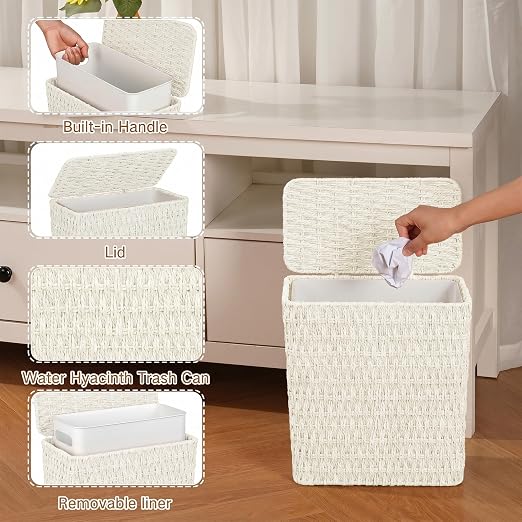 iEGrow Paper Rope Trash Can,Bathroom Trash Can with Lid, 3 Gallon Wicker Waste Basket with Removable Liner, for Bedroom, Living Room, Toilet, Under Sink Creamy White