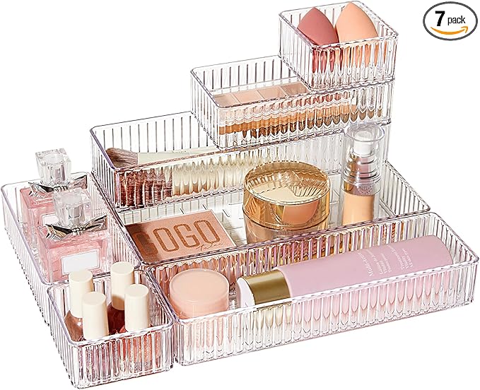 Vtopmart 7 PCS Clear Makeup Drawer Organizers Bins, 4-Size Stackable Makeup and Vanity Organizer Trays, Acrylic Bathroom Storage Containers for Cosmetic, Toiletries, Office Supply, Utensils, Gadgets