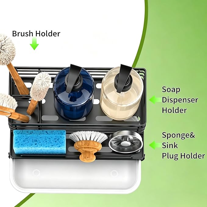 Cisily Black Sponge Holder for Kitchen, Sink Caddy Sink Organizer Rack for Kitchen Accessories with Drip Tray, Rustproof and Non-slip, Soap Dispenser Countertop Organizer Essentials for New Home