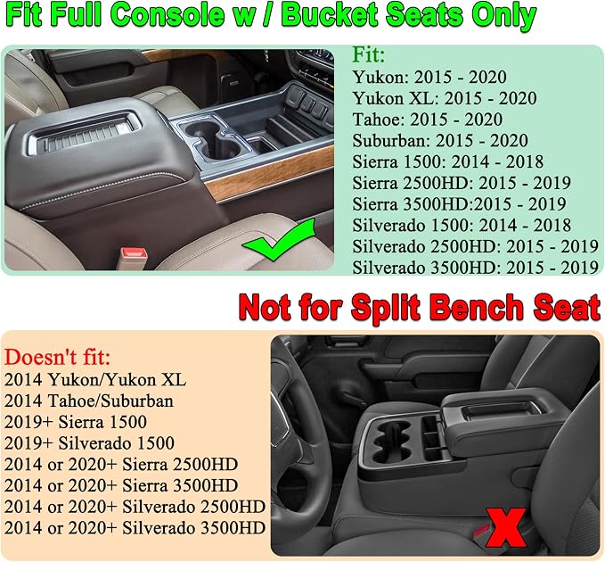 JKCOVER Compatible with Chevy Silverado/GMC Sierra 2014-2018 and Chevy Tahoe Suburban/GMC Yukon 2015-2020 Center Console Organizer Tray Accessories-Full Console w/Bucket Seats ONLY - (Black Trim)