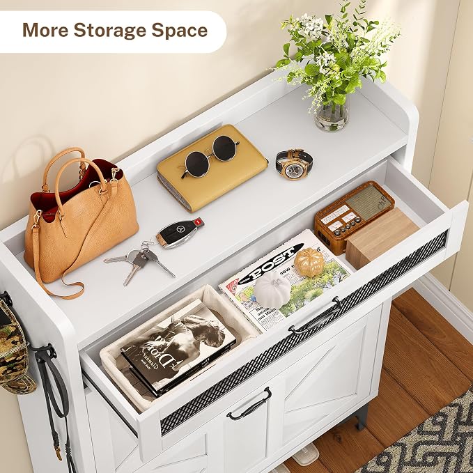 TEENFON Shoe Cabinet with 2 Flip Drawers & Top Drawer, Farmhouse Narrow Shoe Storage Cabinet with Adjustable Shelves & Hooks, Freestanding Hidden Slim Shoe Rack Cabinet for Entryway, Hallway, White