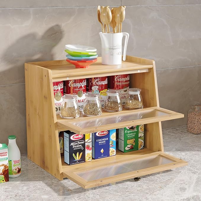Bread Box for Kitchen Counter, Double Layer Wooden Large Capacity Bamboo Bread Storage Container with Window Bread Holder (Natural Bamboo)