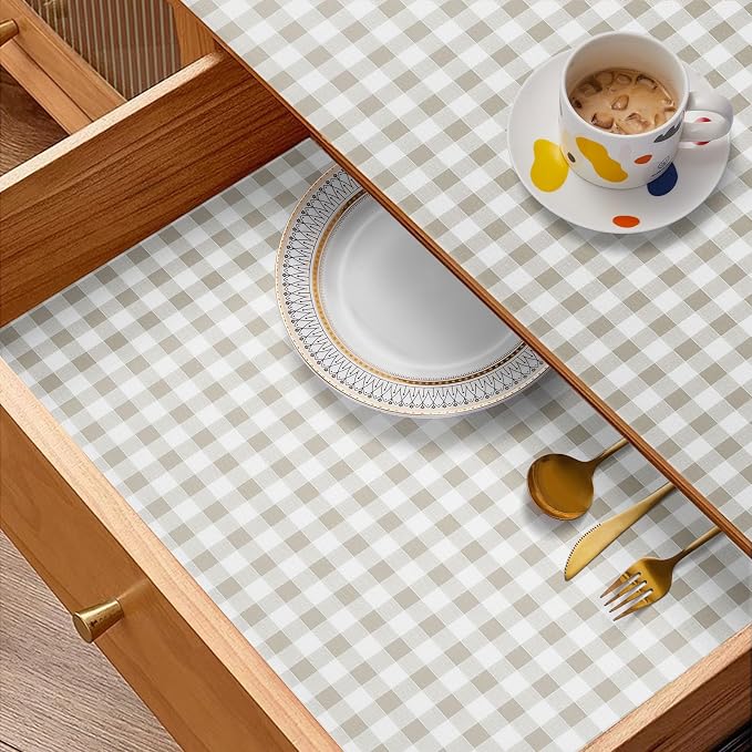 Drawer and Shelf Liner for Kitchen Cabinet Liner Non-Adhesive Non-Slip Shelf Thick Strong Grip Waterproof Contact Paper Easy to Clean for Shelves, Cupboard, Desks,Green Plaid,12IN X 10FT