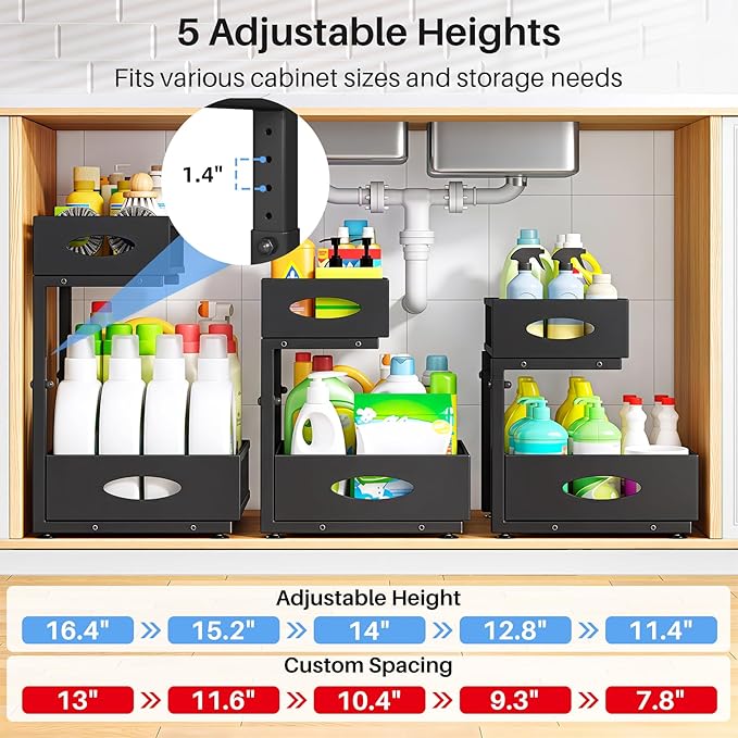 Under Sink Organizer, 2 Tier Pull Out Under Cabinet Organizer Shelf with Pad for Framed Cabinets, Metal Slide Out Under Sink Storage, Mesh Sliding Drawers for Kitchen Bathroom Laundry(Black, 1 Pack)