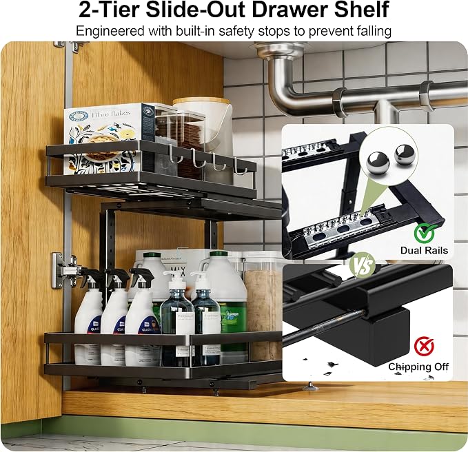 2 Pack Under Sink Organizers and Storage, Heavy Duty Metal Pull Out Cabinet Organizer with Ball-Bearing Slides, Height Adjustable L-Shaped Shelf for Kitchen & Bathroom (2-Pack)