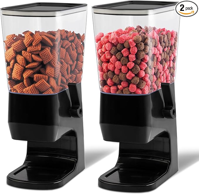 Cereal Dispenser Countertop, Dry Food Dispenser Snack Organizer, Slim Cereal Containers Storage Dispenser with Lids for Pantry, Kitchen Organization Oatmeal Nut Granola Candy, Black, 2pcs