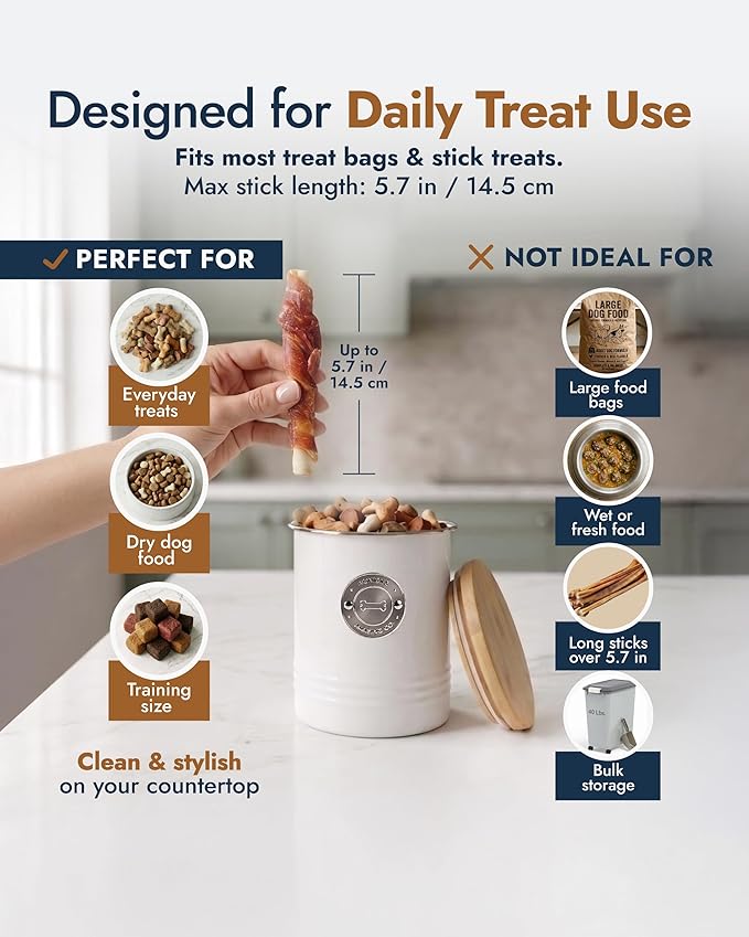 Dog Treat Container Airtight with Bamboo Lid - Premium White Metal Jar for Countertop Storage, 6.4 Cup Capacity, Easy to Open - Decorative Dog Cookie Jar for Kitchen Counter