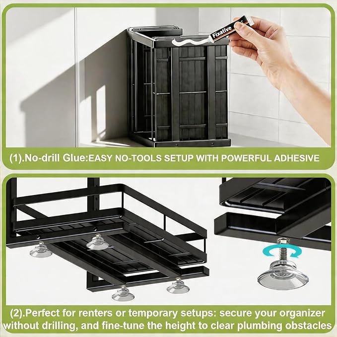 2 Pack Under Sink Organizers and Storage, Heavy Duty Metal Pull Out Cabinet Organizer with Ball-Bearing Slides, Height Adjustable L-Shaped Shelf for Kitchen & Bathroom (2-Pack)