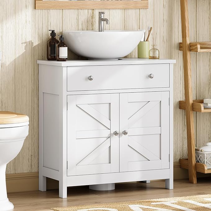 TEENFON Pedestal Sink Storage Cabinet with 2 Barn Doors and Drawer, Bathroom Sink Cabinet with U-Shape Cut-Out, Pedestal Sink Cabinet, White