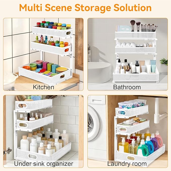 Under Sink Organizer for Bathroom, 3 Tier Adjustable Height Under Sink Storage, Sliding Pull Out Cabinet Organizer Shelf, Metal Multi-Purpose Cabinet Organizer for Kitchen (1 Pack, White)