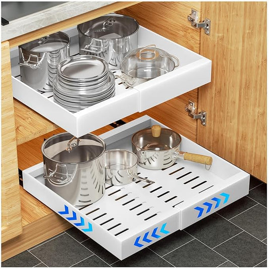 YFXCVSL Expandable Pull Out Drawers (12.6''-20.5''), Slide Out Cabinet Organizers with Adhesive Nano Film for Kitchen Organization (White)