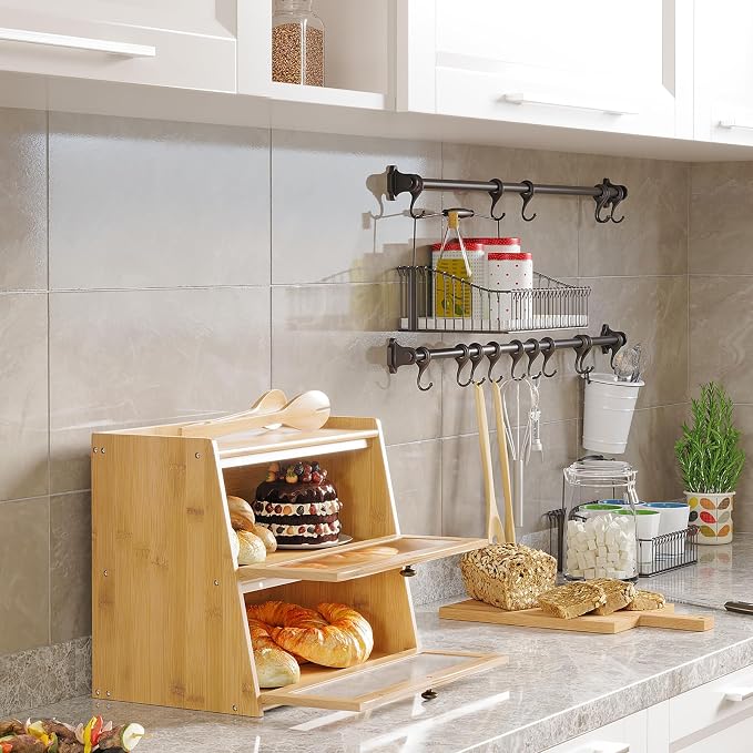Bread Box for Kitchen Counter, Double Layer Wooden Large Capacity Bamboo Bread Storage Container with Window Bread Holder (Natural Bamboo)