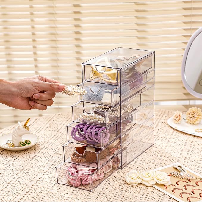 FABROK Clear Hair Accessory Organizer Box with 6 Drawers | Compact Storage Organization, For Cosmetics, Glasses, Stationery, Stackable Storage Containers, For Bathroom, Closet, Office