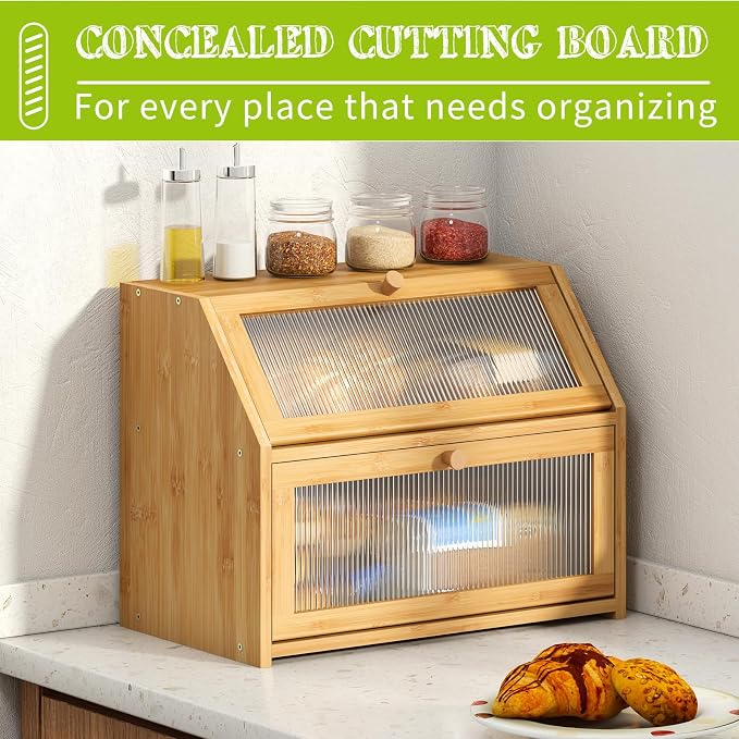 BMOSU Large Bread Box for Kitchen Countertop,Double Layer Bread Box for Kitchen Counter,Bamboo Wood Bread box Capacity Bin Storage(Natural)