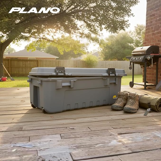 Plano 3 Pack Storage Trunk with Wheels, Gray, Lockable Storage Box, Airline Approved Sportsman Trunk, Hunting Gear and Ammunition Bin, Heavy-Duty Containers for Camping, 108-Quart
