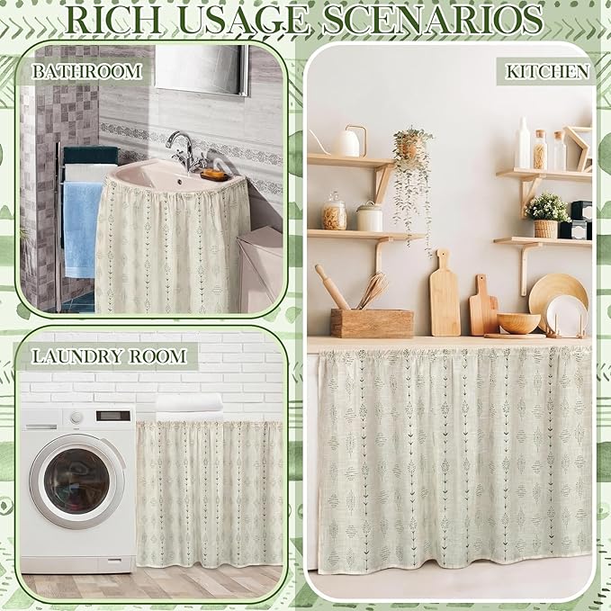 VitalCozy Cabinet Curtain 28" W x 51" L Sink Skirt for Bathroom Kitchen Green Flowers Striped Short Curtain for Home Classroom Farmhouse Rustic Drape Under Desk Privacy Drape for Laundry Room