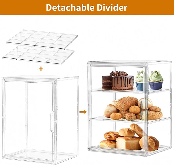 SANKEU Pastry Display Case,Bread Box for Kitchen Countertop,3 Layers Adjustable Clear Bread Storage with Magnetic Door Small Bakery Pastry Display, 2 Pack