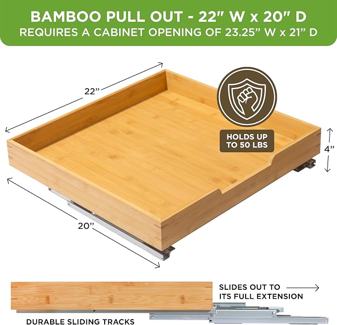 HOLDN’ STORAGE Bamboo Wooden Pull out Cabinet Organizer 22"W x 21"D Requires At Least a 23.25"W x 21"D Cabinet Opening W/Lifetime Limited Warranty, Bamboo Tray and Heavy Gauge Metal Rails
