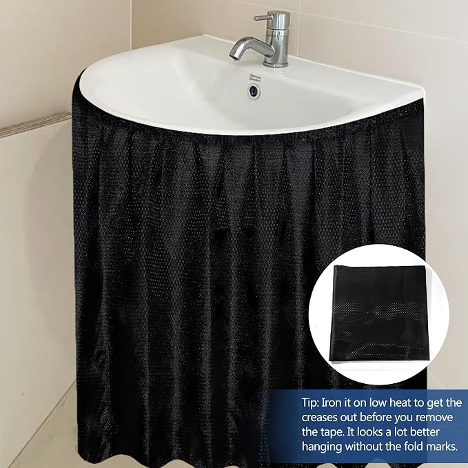 Fabric Sink Skirt for Pedestal Sinks – Waterproof Under Sink Curtain Skirt to Hide Cleaning Supplies – Self-Adhesive, Easy Install, 55 x 32 Inch Bathroom Storage Solution(Black)