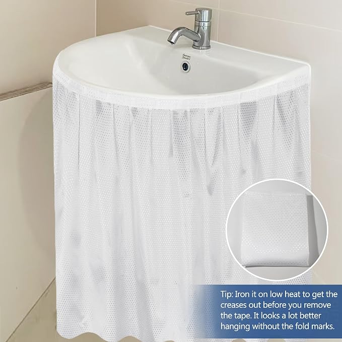Fabric Sink Skirt for Pedestal Sinks – Waterproof Under Sink Curtain Skirt to Hide Cleaning Supplies – Self-Adhesive, Easy Install, 55 x 32 Inch Bathroom Storage Solution (White)
