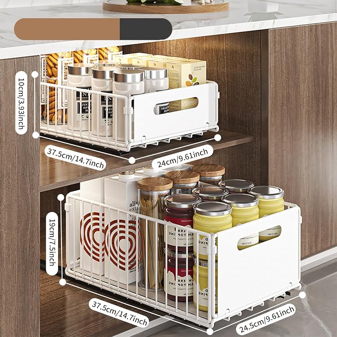 Pull Out Cabinet Organizers Large Capacity with Nano Adhesive Tallened Guardrail Anti Fall Design for Bathroom & Kitchen Cabinets Pantries (White, S-1Pcs +L-1Pcs)