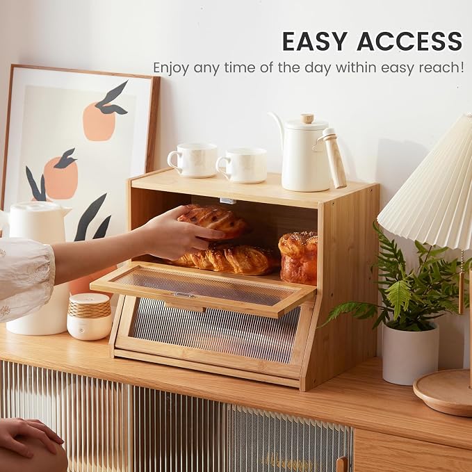 GHWIE Double Layer Bamboo Bread Box for Kitchen Counter,Large Capacity Bread Storage Bin,Bread Container with Acrylic Wavy Door Panel (Natural, Medium)