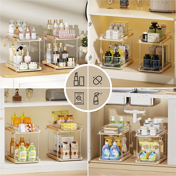 Delamu 2 Tier Under Sink Organizer Bathroom, Bathroom Cabinet Organizer with Snap-Lock Design and Hooks, Pull Out Storage with Movable Dividers, for Countertop, Kitchen and Pantry (White, 2 Pack)