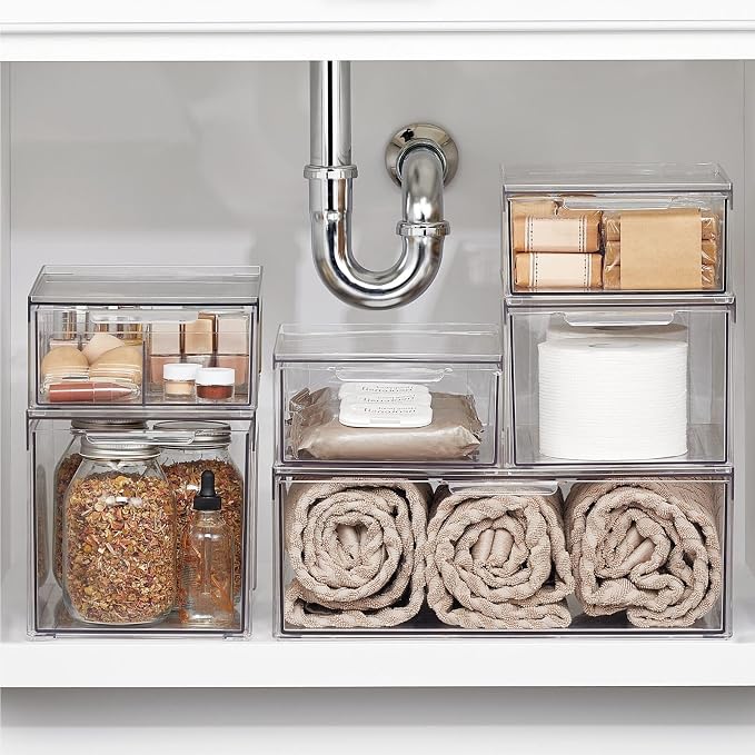 mDesign Plastic Stackable Bathroom Storage with Pull Out Bin Organizer Drawer for Cabinet, Vanity, Shelf, Cupboard, Cabinet, or Closet Organization - Lumiere Collection - 4 Pack - Clear