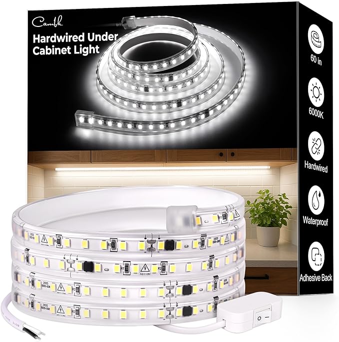 cambk 60inch Hardwired Under Cabinet Lighting for Kitchen, 6000K White Wired Undercounter Waterproof Led Strip Lights, Luces para Cocina Bajo Gabinete Under Shelf Lights