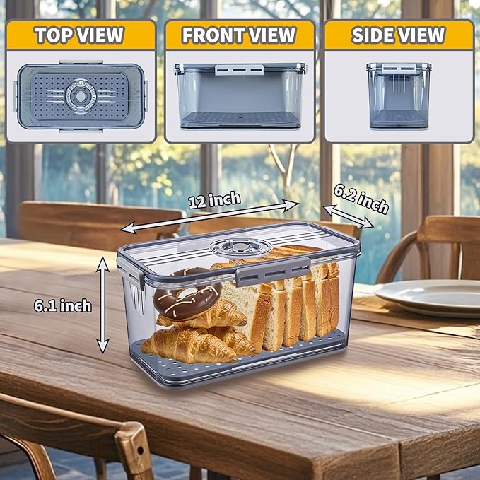 Bread Box for Kitchen Countertop, Airtight Bread Container with Lid, Time Recording Dial, and Draining Board, Bread Storage for Homemade Bread, Toast, Cookies (1 Grey)