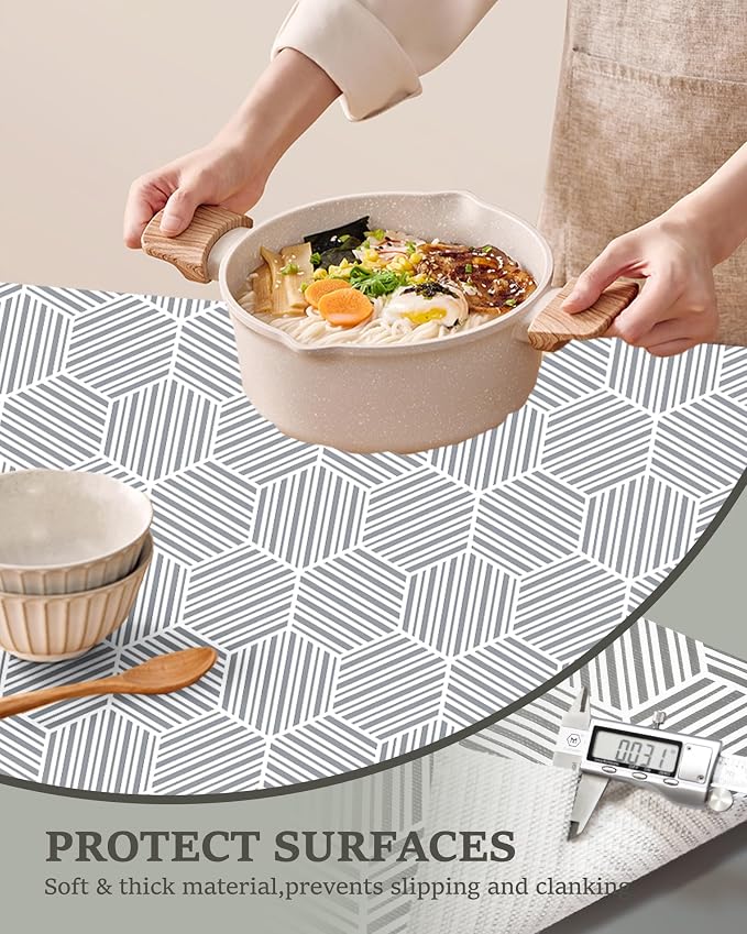 Shelf Liner Drawer Liner for Kitchen Cabinet Non-Adhesive Cabinet Liners Thickened Slip Resistant Waterproof Shelf Paper Protect Cupboard Dresser Shelves, Gray Hexagonal Geometric Stripe 11.8In x 10FT