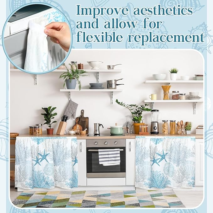 VitalCozy Cabinet Curtains 28" W x 51" L Sink Skirt for Bathroom Kitchen Summer Blue Ocean Coral Dishwasher Curtain for Home Farmhouse Rustic Drape Under Desk Privacy Drape for Laundry Room