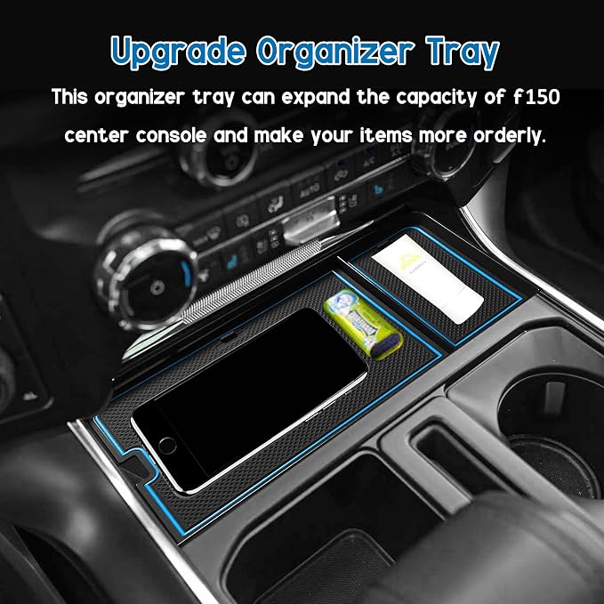 Center Console Organizer Tray for Ford F150 2021-2024/Lightning XLT 2022-2024 Interior Accessories Hidden Insert Storage Box with USB Hole Fit Front Shifter Open Pocket (Blue)