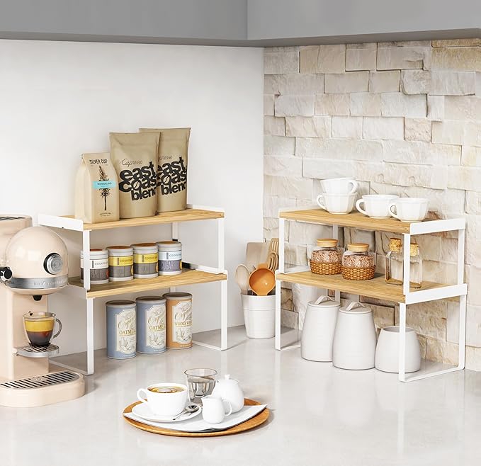 Goozii 4 Pack Stackable Cabinet Shelves Organizer, Shelf Rack with Anti-Fall Lips for Kitchen Pantry Coffee Bar Countertop Storage (Bamboo White)