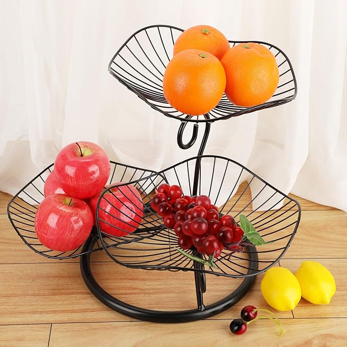 OwnMy 3-Tier Fruit Basket Stand Decorative Iron Fruit Bowl, Black Metal Wire Fruit Holder Trays for for Vegetables Bread Snack, Modern Lotus Fruit Bowls for Kitchen Counter Dining Table
