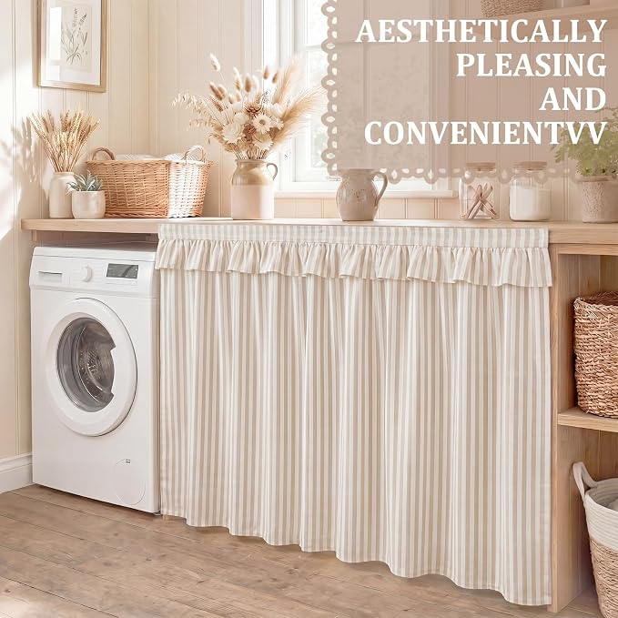 Brown Ruffle Gingham Sink Skirt Self-Adhesive Bathroom Stitch Self Stick Adhesive Fabric Under Sink Curtain Skirt 32'' x 55'' for Bathroom Kitchen Laundry Utility Room Decor(Stripe)