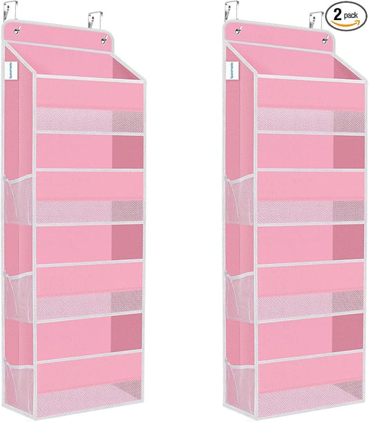 SpaceHacks 2 Pack Over The Door Organizer Hanging Storage Organizers with Clear Window 40lb Large Capacity Room Organizer for Pantry Laundry Bathroom Nursery Closet(Pink)