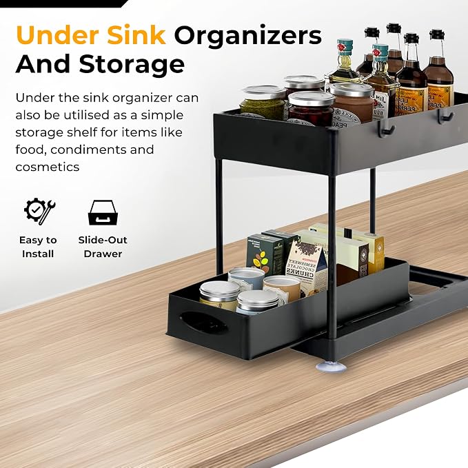 TEVASO Under Sink Organizers and Storage | Space-Saving Cleaning Supplies | 2 Tier Sliding Under Shelf Organizer for Kitchen and Bathroom - Black - 1 Pack