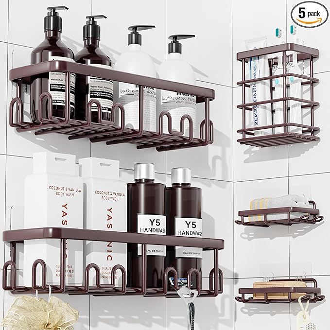 YASONIC Shower Caddy Adhesive, 100% Rustproof Shower Organizer with Soap and Toothbrush Holder, Large Capacity Shower Shelves for Inside Shower, No Drill Shower Storage for Home (5 Pack Bronze)