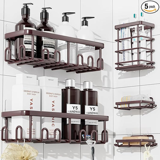 YASONIC Shower Caddy Adhesive, 100% Rustproof Shower Organizer with Soap and Toothbrush Holder, Large Capacity Shower Shelves for Inside Shower, No Drill Shower Storage for Home (5 Pack Bronze)