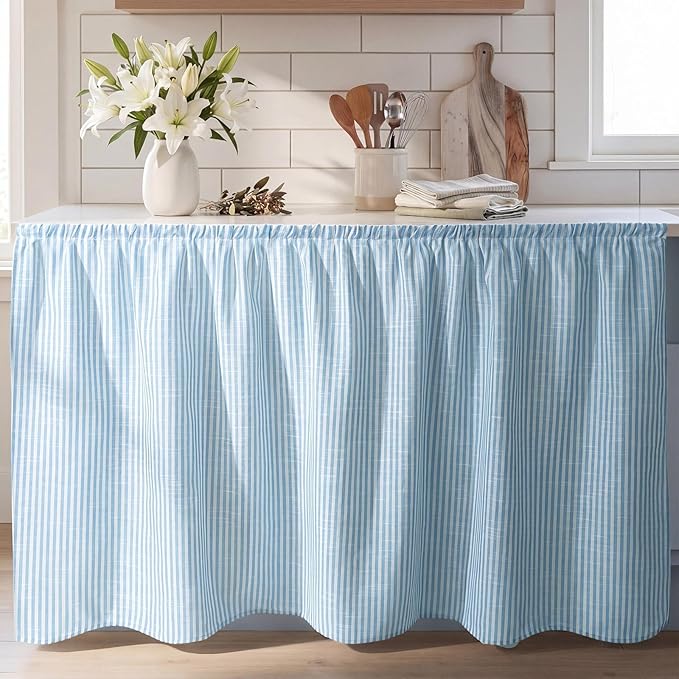 VitalCozy Cabinet Curtain 28" W x 51" L Sink Skirt for Bathroom Kitchen Blue Stripes Short Curtain for Home Classroom Farmhouse Rustic Drape Under Desk Privacy Drape for Laundry Room
