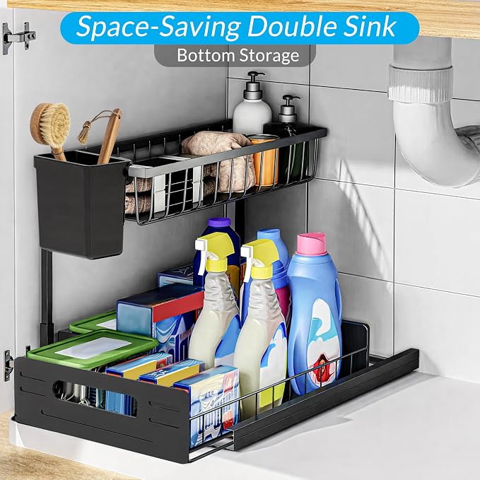 Under Sink Organizer 2 Tier with Slide-Out Drawer and Brush Holder (1)