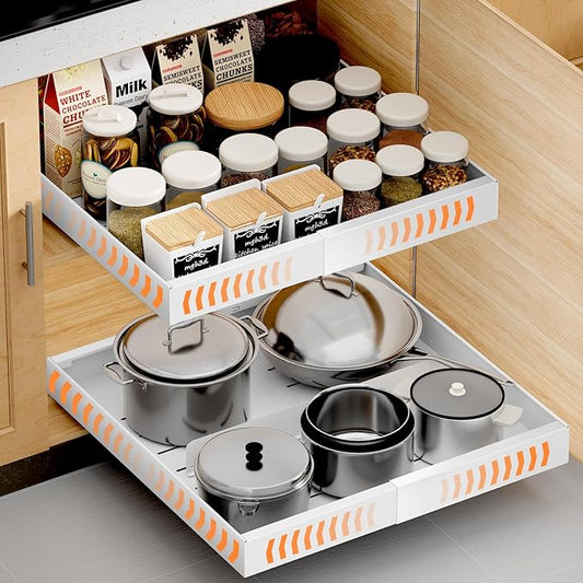 YJHome 1 Pack Pull Out Cabinet Organizer, No Drill Expandable Width 12"-20" & 21" Depth, Adhesive or Screw-In Installation, Magnetic Divider for Custom Storage, for Kitchen Pantry Bathroom Cabinet