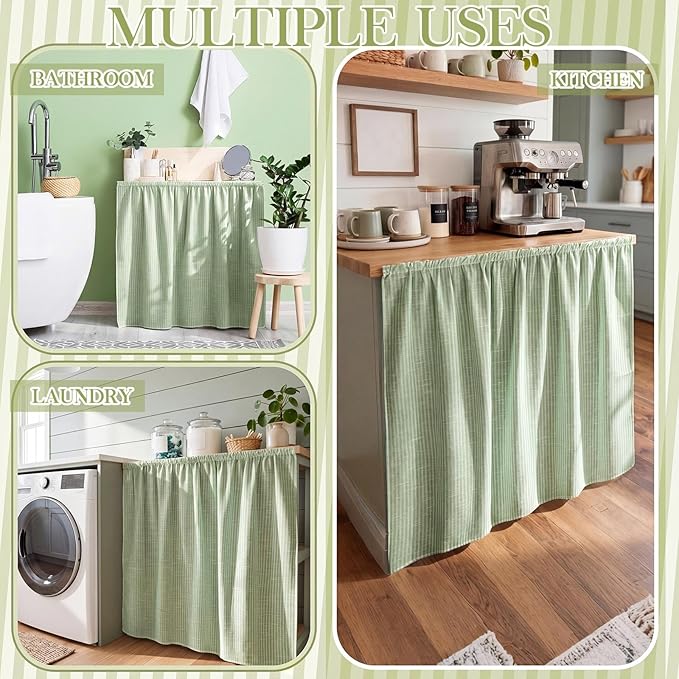 VitalCozy Cabinet Curtain 35" W X 35" L Sink Skirt for Bathroom Kitchen Sage Green Stripes Spring Short Curtain for Home Classroom Farmhouse Rustic Drape Under Desk Privacy Drape for Laundry Room